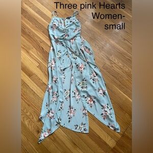 Three Hearts Dusty Blue Floral High-Low Dress with Pink Flowers